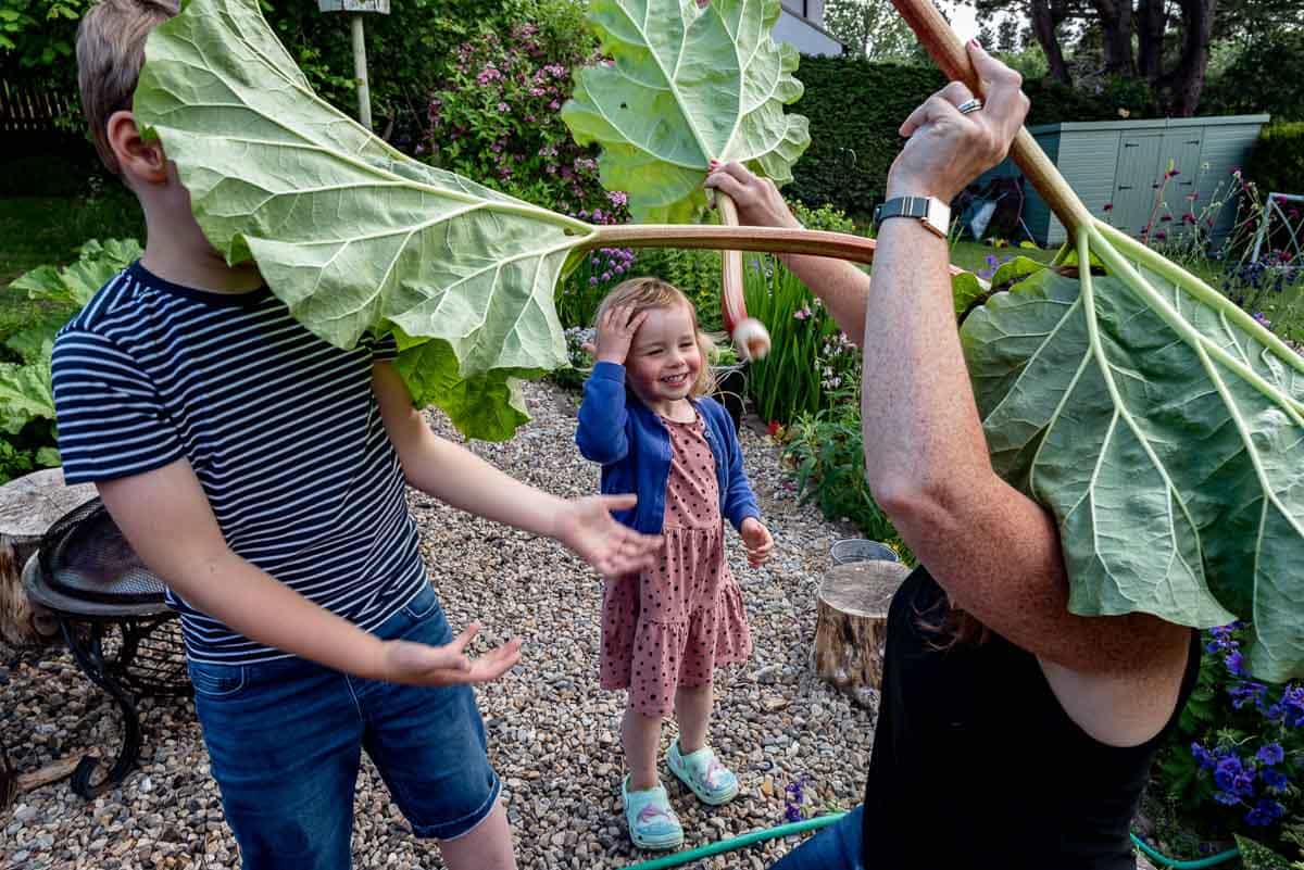 family putting rhubarb leaves on their heads as hats during a family photography session